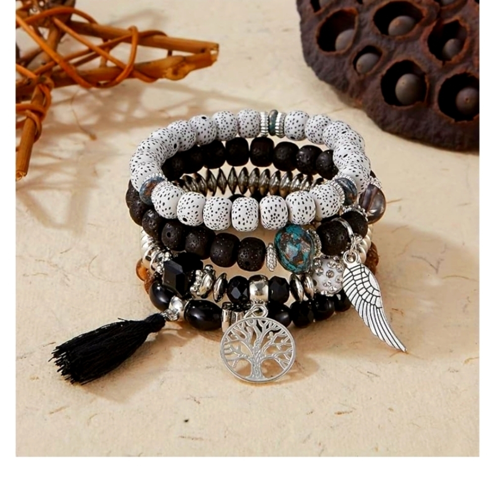 Layered Boho Black and Silver Beaded Bracelet Set OS